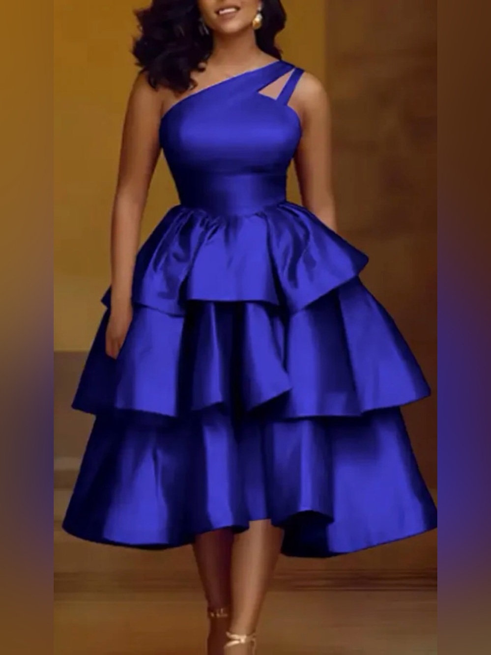 Women’s Evening One-Shoulder Tiered Shiny Royal Blue Party Dress Size-2XL NEW